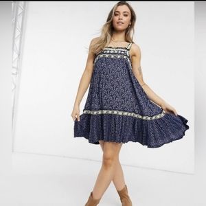 NWOT Free People embroidered mini indigo blue dress Medium